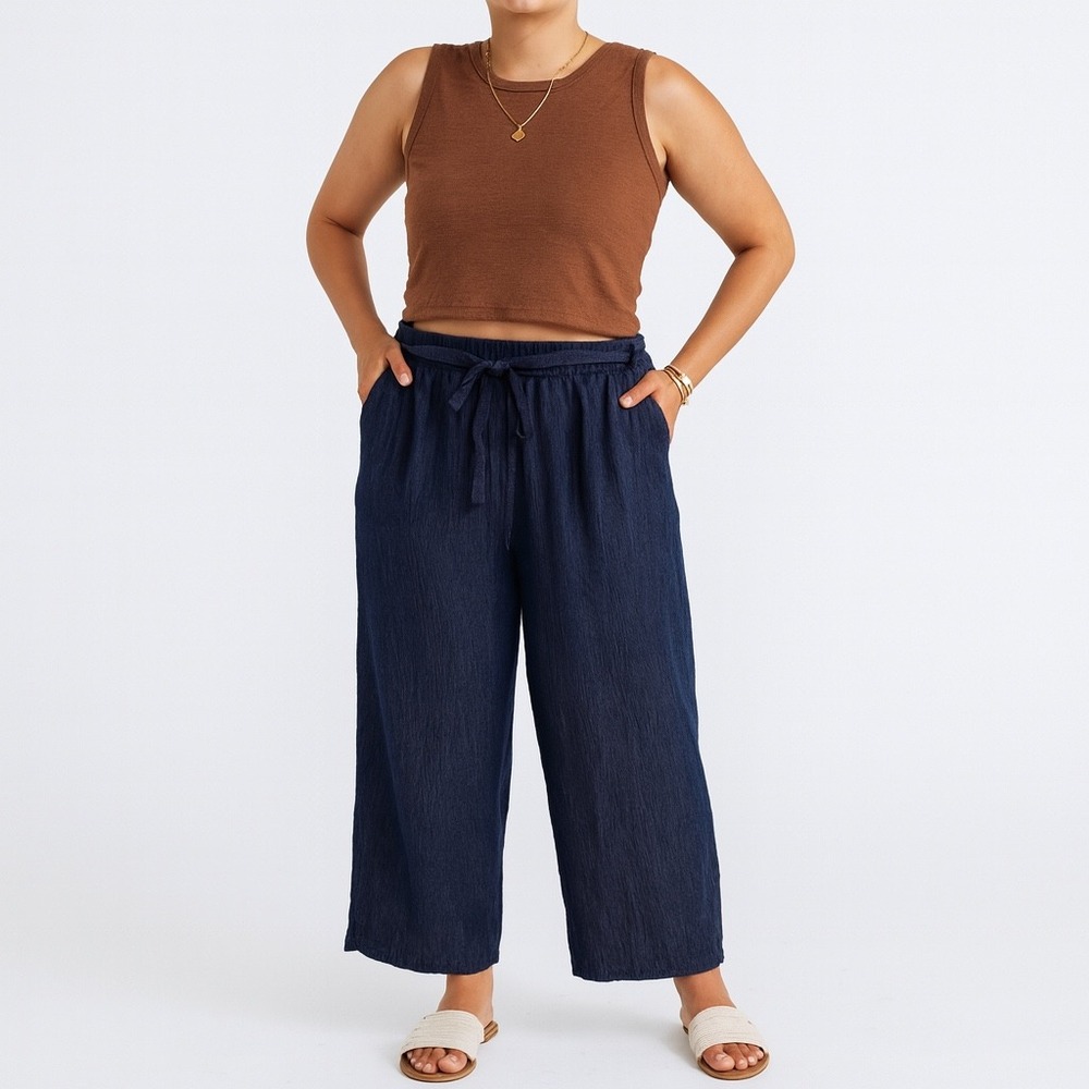 Naif Navy Blue Wide Leg‎ Crop Pants Womens M Elastic Waist Tie Front Lightweight